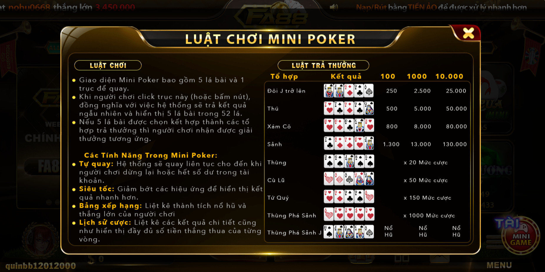 Luật chơi Mini Poker