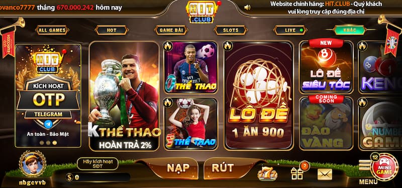 Giao diện cổng game HIT CLUB